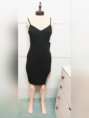 Ross Justify Lush Black Spaghetti Strap Mini Dress with Metal Side Fringe Sz:L